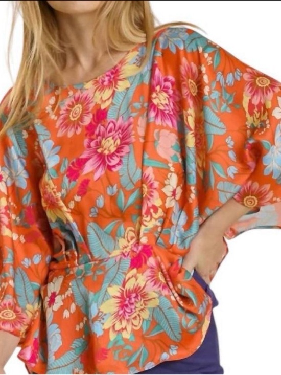 Umgee Tops - Umgee Coral Floral Wrap Tunic with Teal Accents